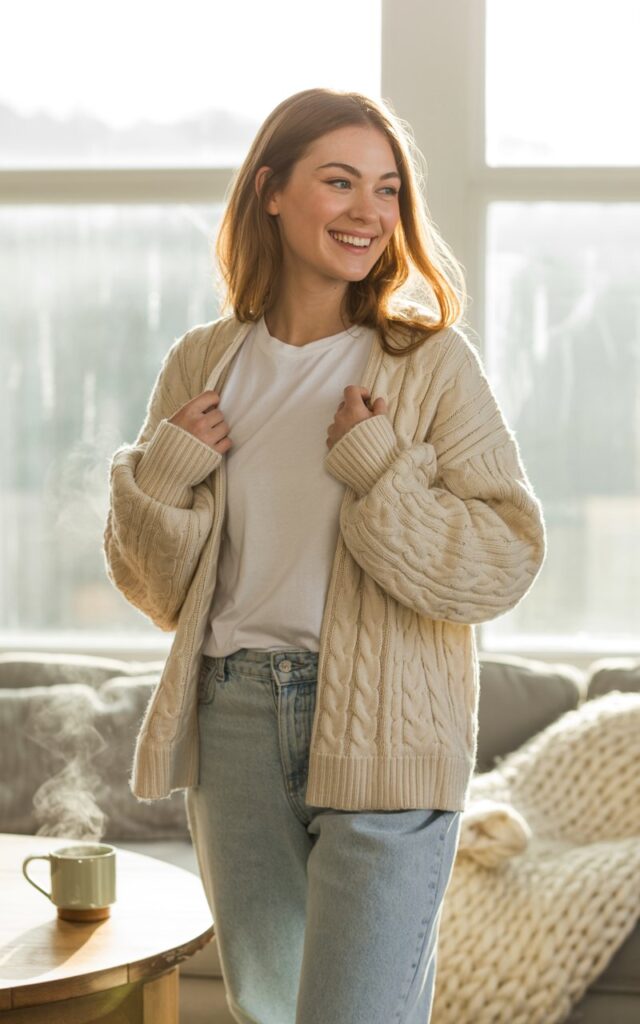 A lifestyle photograph of a natural-looking young woman in her twenties wearing a soft cream cable-knit cardigan over a simple white cotton tee and light wash denim jeans. She has minimal makeup with a warm, genuine smile, and her hair falls in loose waves around her shoulders as she adjusts the cozy cardigan sleeves. The woman stands in a bright, airy room with large windows letting in soft winter sunlight, creating a warm and inviting atmosphere. Behind her, hints of winter decor like a wooden coffee table with a steaming mug and a chunky knit throw blanket complete the cute casual winter aesthetic.