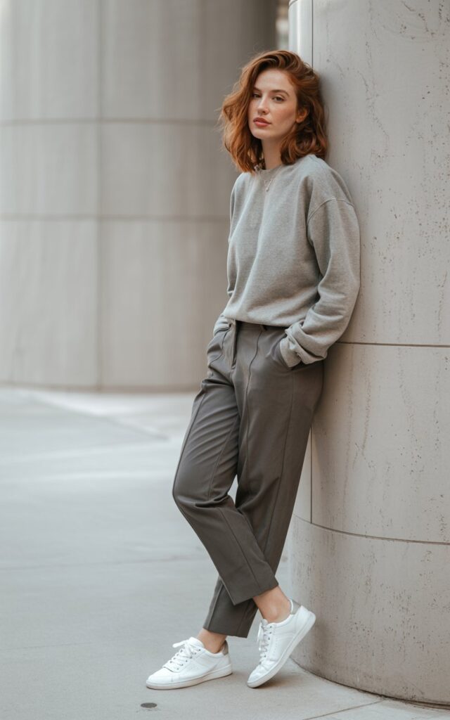 A lifestyle photograph of a natural-looking young woman in her twenties with effortless, tousled hair and minimal makeup. She's wearing a soft heather gray crewneck sweatshirt paired with high-waisted charcoal tailored trousers and clean white leather sneakers, creating a perfectly balanced casual-chic look. She stands relaxed with one hand in her pocket, leaning slightly against a minimalist concrete wall or urban backdrop. The lighting is soft and natural, capturing the relaxed, everyday elegance of her effortlessly cool outfit.