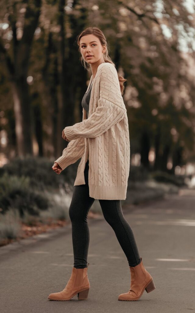 A lifestyle photograph of a natural-looking young woman showcasing a comfortable autumn outfit centered around leggings and boots. She wears form-fitting charcoal gray leggings paired with soft tan suede ankle boots that have a subtle heel, complemented by an oversized cream-colored cable-knit cardigan draped casually over her shoulders. Her pose is relaxed and effortless, perhaps walking along a tree-lined path or leaning against a rustic wooden fence. The background features warm, muted tones with soft natural lighting that enhances the cozy, approachable aesthetic of the coordinated leggings and boots ensemble.