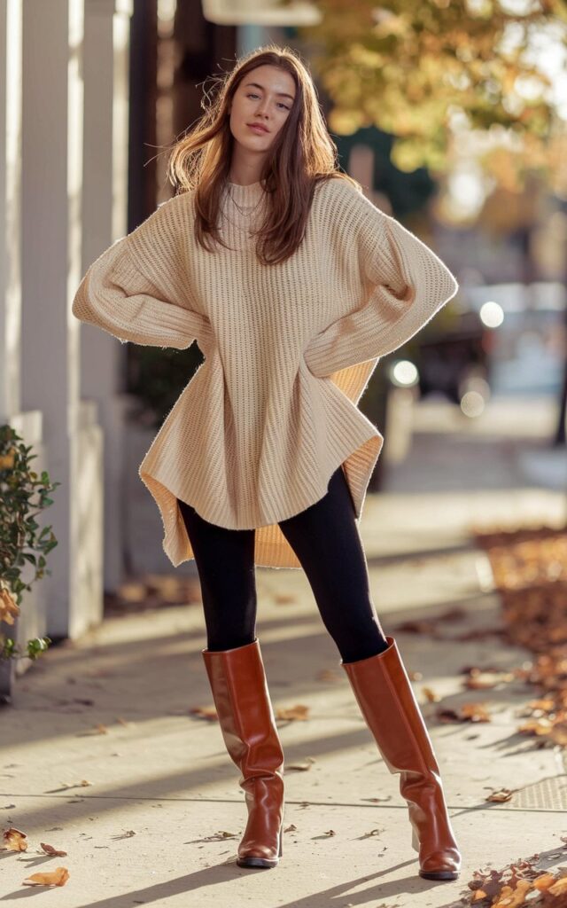 A lifestyle photograph of a natural-looking young woman styled in a comfortable autumn outfit. She wears form-fitting black leggings paired with cognac brown knee-high leather boots and an oversized cream-colored knit tunic that falls to mid-thigh, creating a relaxed yet put-together silhouette. Her hair flows naturally over her shoulders as she stands confidently with one hand on her hip, showcasing the layered textures of her ensemble. The setting is a cozy urban sidewalk with fallen leaves scattered around, bathed in soft afternoon sunlight that highlights the rich textures of the knit fabric and leather boots.