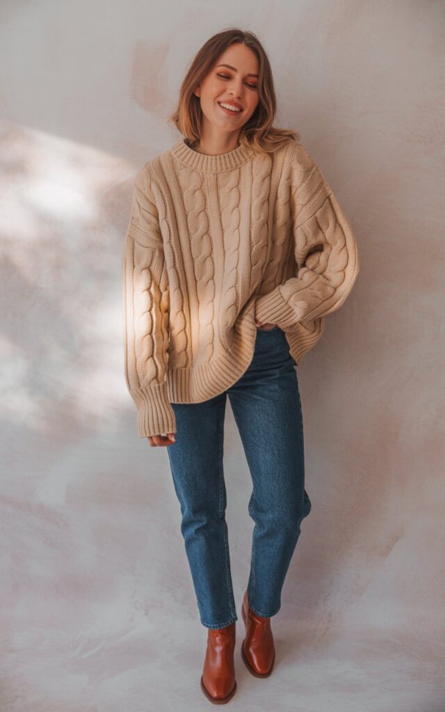 A lifestyle photograph of a natural-looking young woman wearing a cozy oversized chunky knit sweater in cream or soft beige. She pairs the sweater with classic straight-leg dark wash jeans and sleek brown leather ankle boots, creating an effortlessly chic winter ensemble. The woman has a relaxed, genuine smile and natural makeup, standing casually with one hand in her pocket against a soft neutral background. The lighting is warm and diffused, highlighting the texture of the knit fabric and creating a cozy, approachable winter fashion aesthetic.