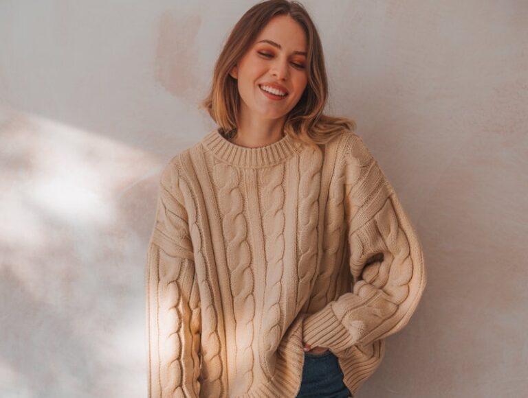 A lifestyle photograph of a natural-looking young woman wearing a cozy oversized chunky knit sweater in cream or soft beige. She pairs the sweater with classic straight-leg dark wash jeans and sleek brown leather ankle boots, creating an effortlessly chic winter ensemble. The woman has a relaxed, genuine smile and natural makeup, standing casually with one hand in her pocket against a soft neutral background. The lighting is warm and diffused, highlighting the texture of the knit fabric and creating a cozy, approachable winter fashion aesthetic.