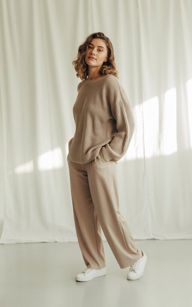A lifestyle photograph of a young woman with effortless natural beauty, wearing a soft beige ribbed knit sweater paired with matching wide-leg trousers in the same neutral tone. Her hair falls in loose, tousled waves, and she's styled with clean white minimalist sneakers that complement the monochromatic palette. She stands casually with one hand in her pocket, exuding a relaxed confidence against a clean, bright background with soft natural lighting. The overall aesthetic captures the essence of comfortable, elevated everyday wear with a serene and understated mood.