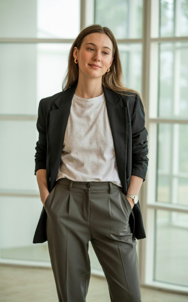 A natural-looking young woman wearing a basic black blazer styled with a plain tee and ankle-length pants. Theme casual work outfits