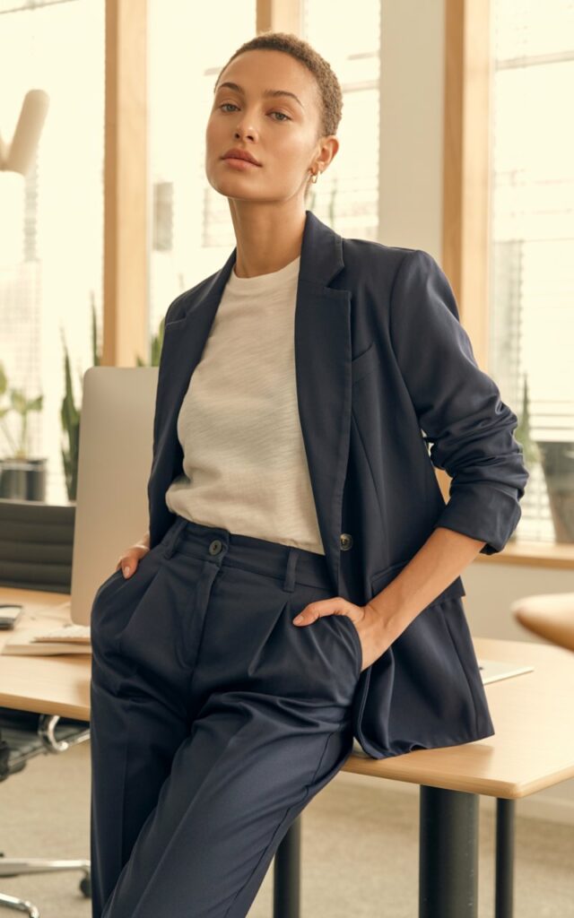 A natural-looking young woman wearing a basic tee elevated with a structured blazer and tailored pants. Theme casual work outfits