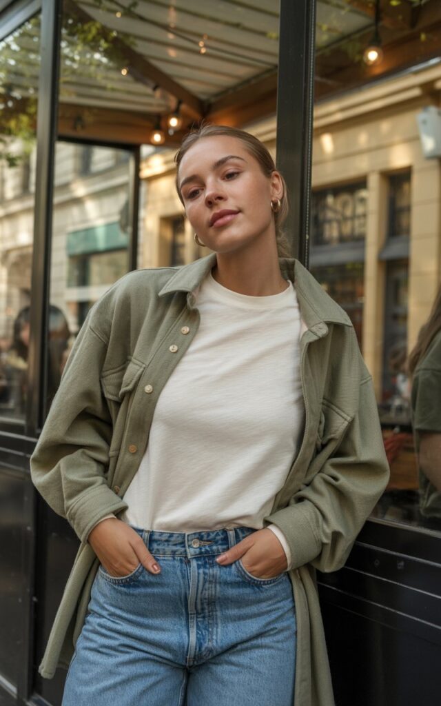 A natural-looking young woman wearing a basic white tee layered under a lightweight shacket with jeans. Theme chill outfits
