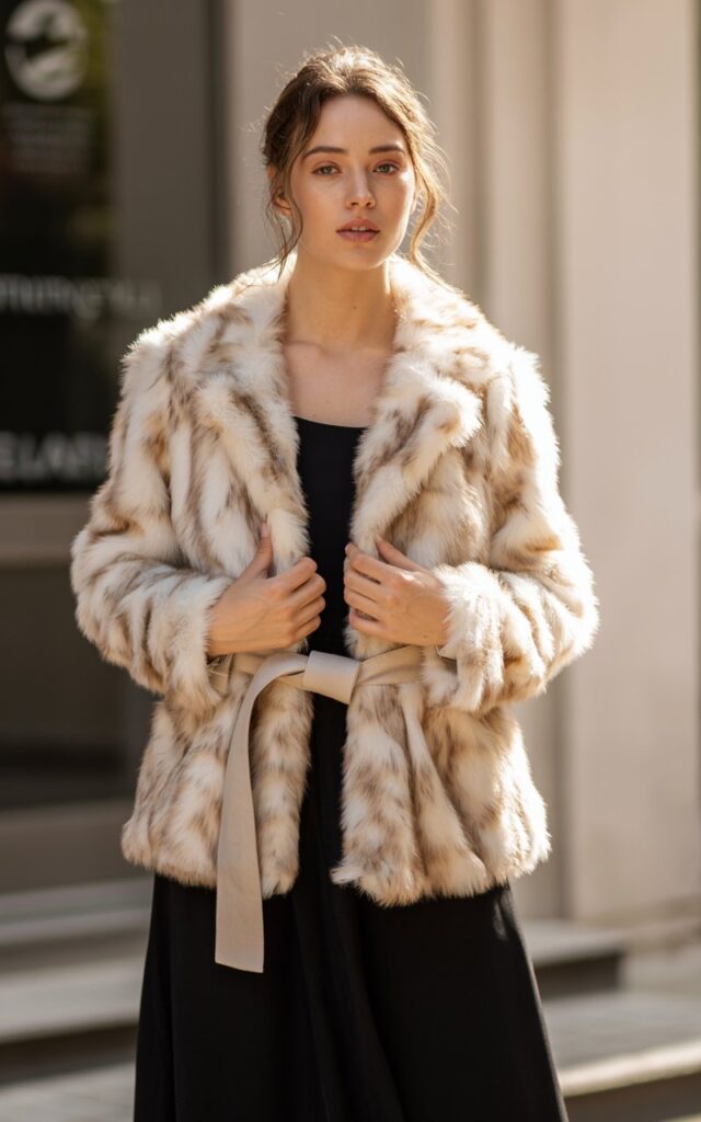 A natural-looking young woman wearing a belted faux fur coat over a simple midi dress. Theme faux fur coat outfit