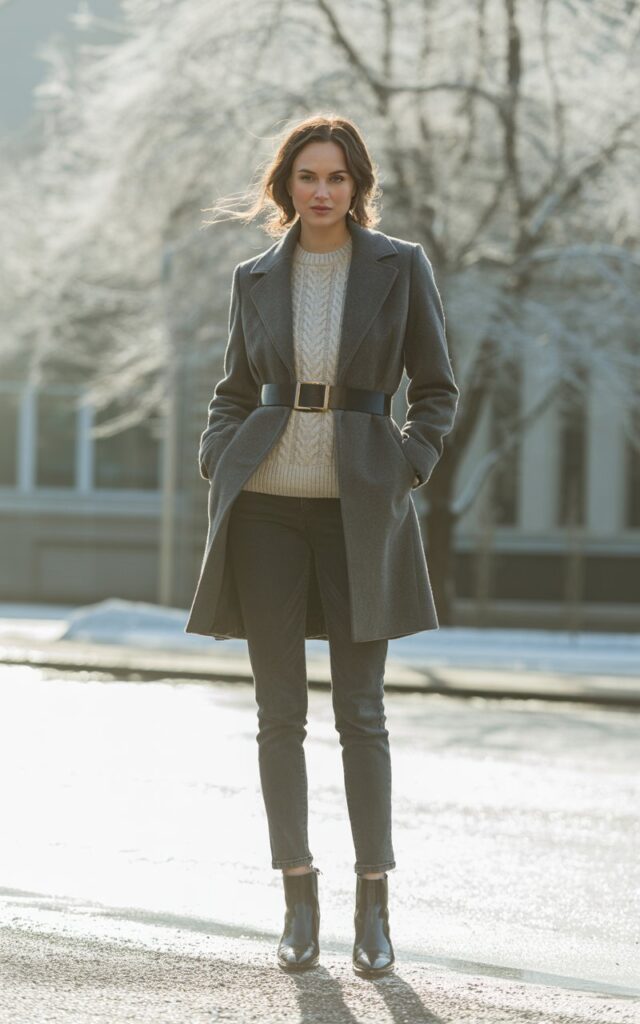 A natural-looking young woman wearing a belted winter coat styled over a polished cold-weather outfit. Theme winter outfits aesthetic