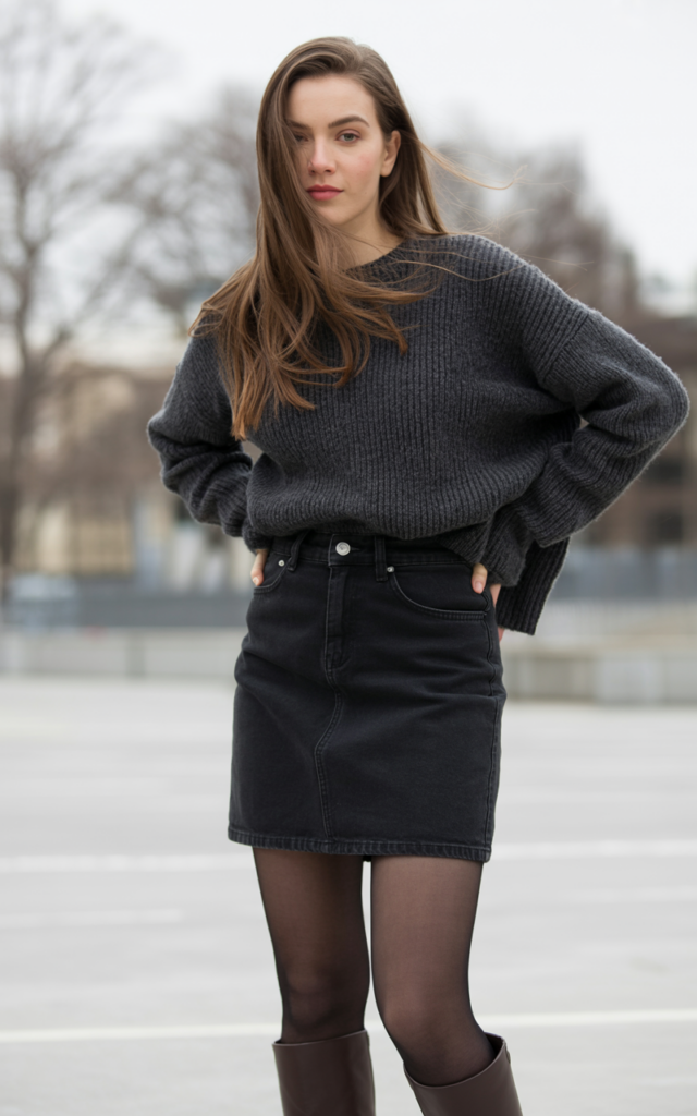 A natural-looking young woman wearing a black jean skirt styled with dark winter layers and boots. Theme jean skirt outfits winter