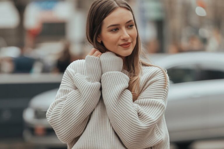 A natural-looking young woman wearing a black mini skirt paired with a chunky knit sweater and opaque tights. Theme black mini skirt outfit winter