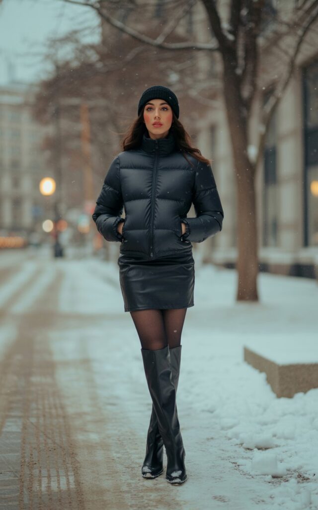A natural-looking young woman wearing a black mini skirt paired with a streamlined puffer jacket for cold winter days. Theme black mini skirt outfit winter