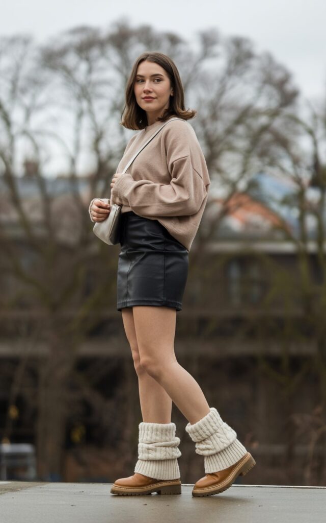 A natural-looking young woman wearing a black mini skirt paired with ankle boots and visible socks for a casual look. Theme black mini skirt outfit winter