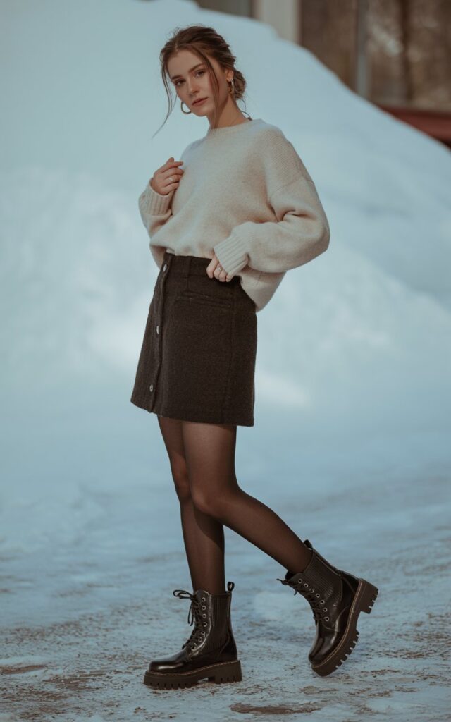 A natural-looking young woman wearing a black mini skirt paired with chunky lug-sole boots for winter comfort. Theme black mini skirt outfit winter