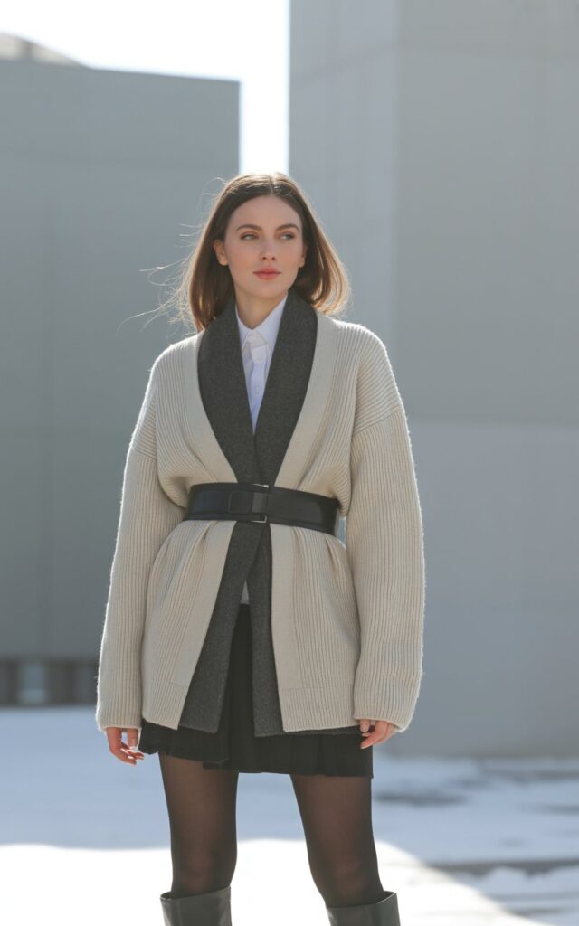 A natural-looking young woman wearing a black mini skirt styled with an oversized cardigan cinched with a belt. Theme black mini skirt outfit winter