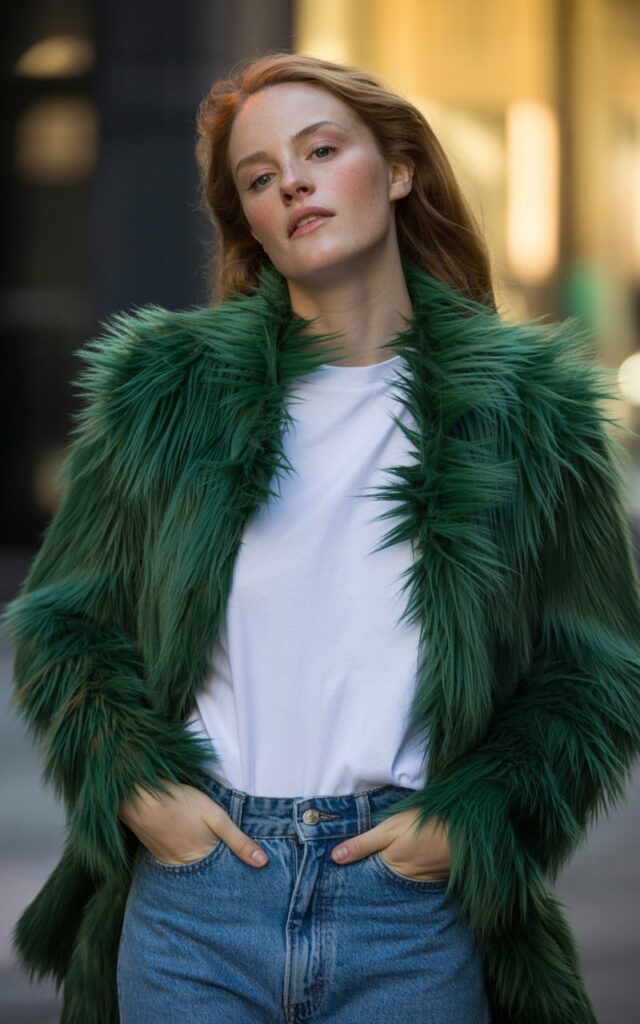 A natural-looking young woman wearing a bold-color faux fur coat paired with classic denim and a white t-shirt. Theme faux fur coat outfit