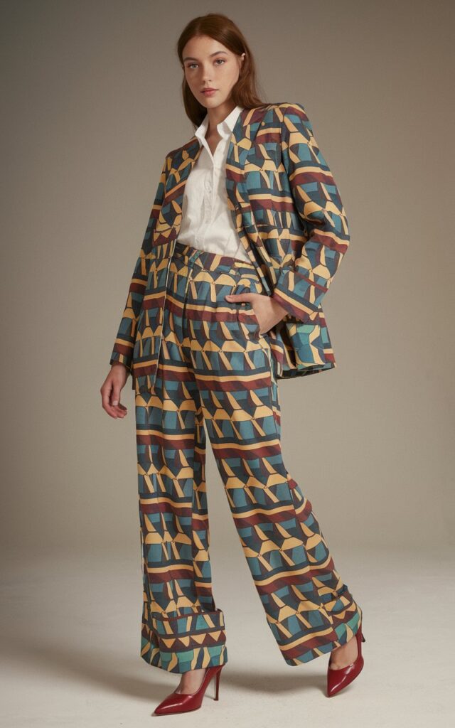 A natural-looking young woman wearing a bold printed power suit. Theme 80s outfits