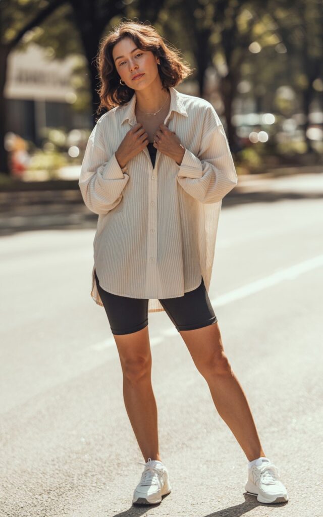 A natural-looking young woman wearing a boxy button-down shirt paired with bike shorts and sporty sneakers. Theme chill outfits