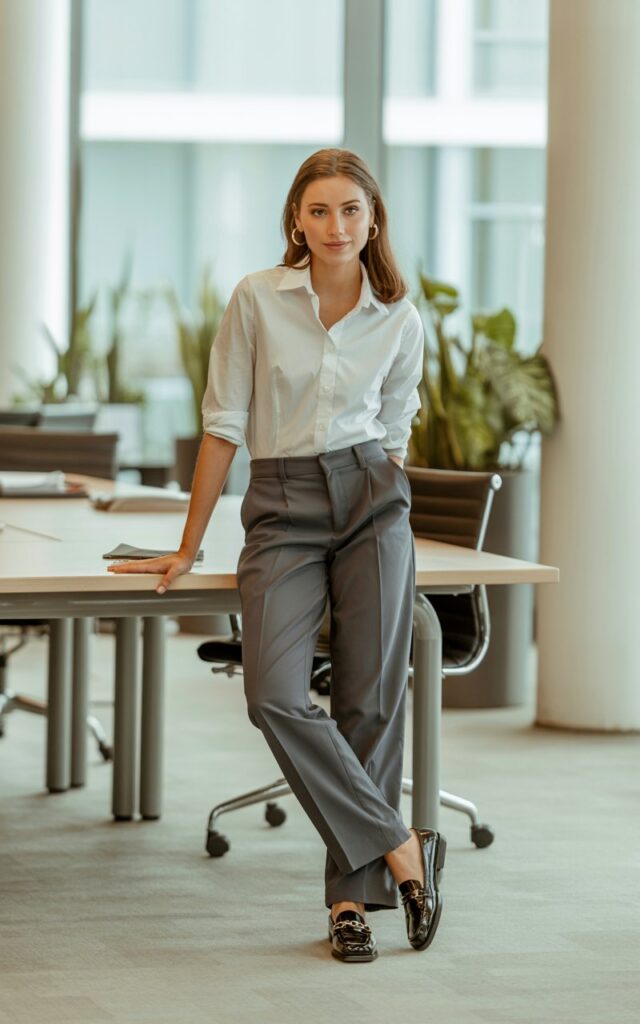 A natural-looking young woman wearing a button-down shirt with rolled-up sleeves styled with straight-leg pants. Theme casual work outfits