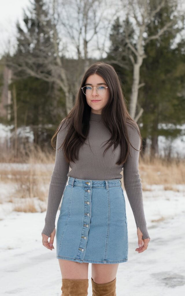 A natural-looking young woman wearing a button-front denim skirt paired with knee-high boots and a fitted sweater. Theme jean skirt outfits winter