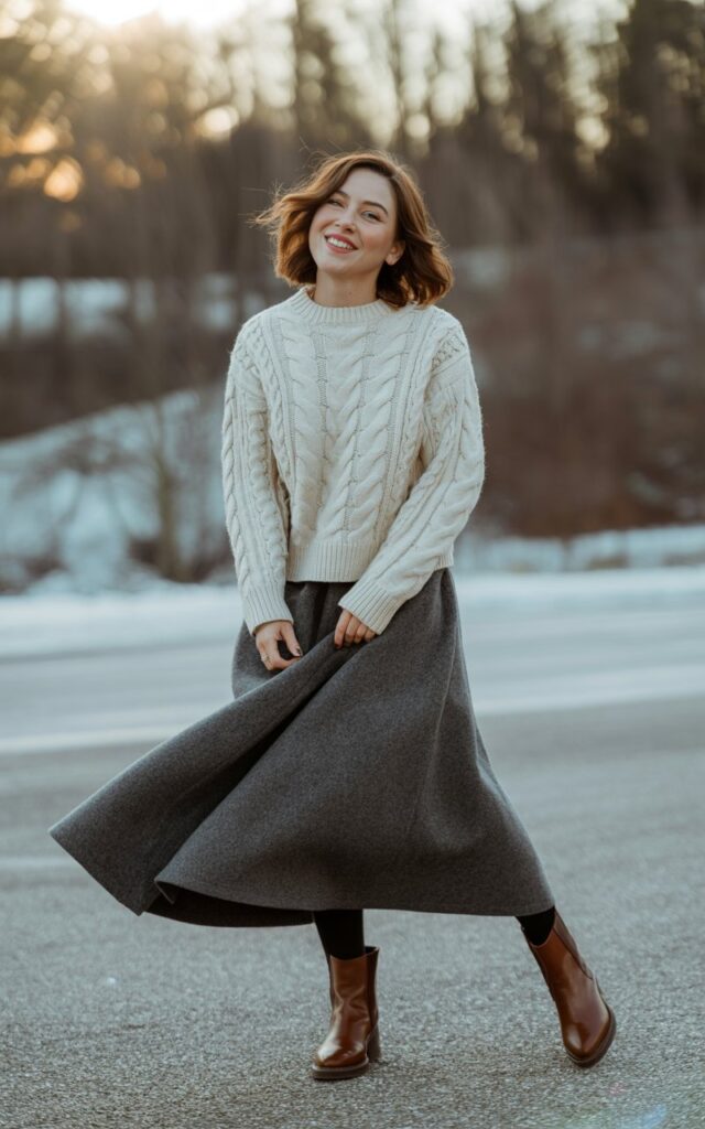 A natural-looking young woman wearing a cable-knit sweater paired with a flowing midi skirt and boots. Theme winter outfits aesthetic