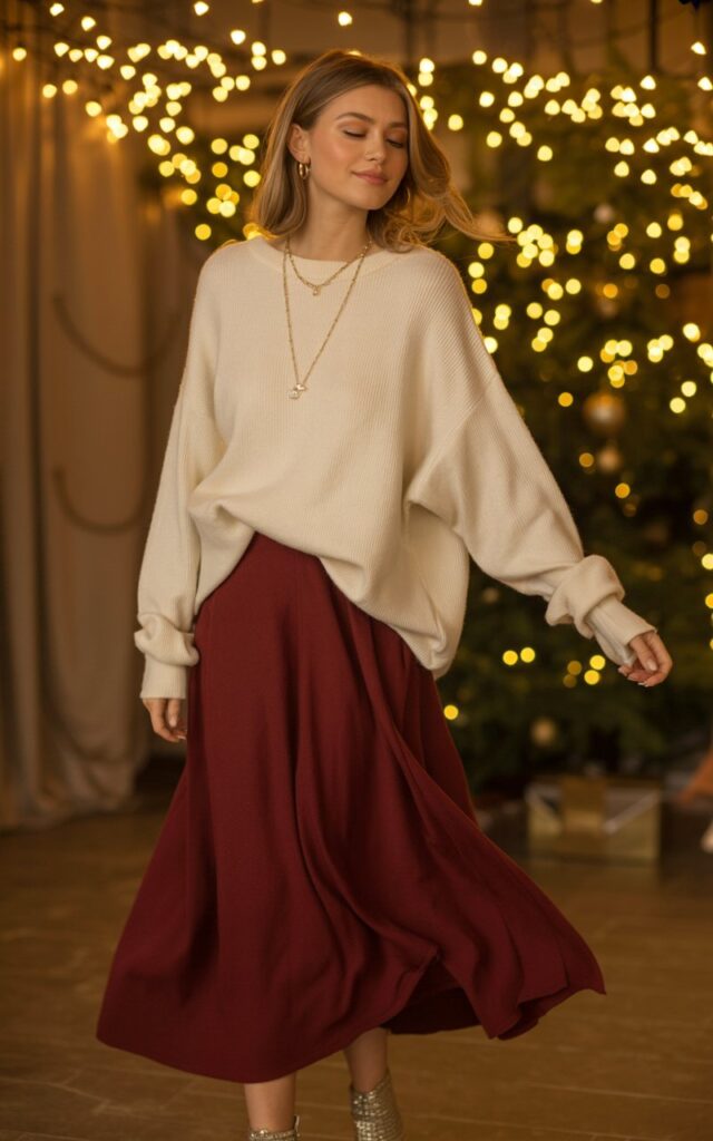 A natural-looking young woman wearing a cashmere sweater layered over a flowy midi skirt. Theme christmas party outfits