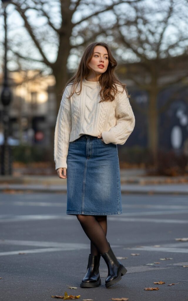 A natural-looking young woman wearing a casual denim skirt outfit styled with classic Chelsea boots. Theme jean skirt outfits winter