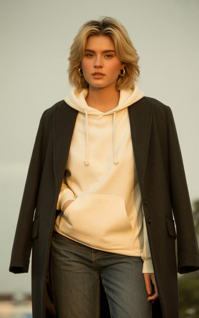 A natural-looking young woman wearing a casual hoodie layered under a tailored coat. Theme rachel green outfits