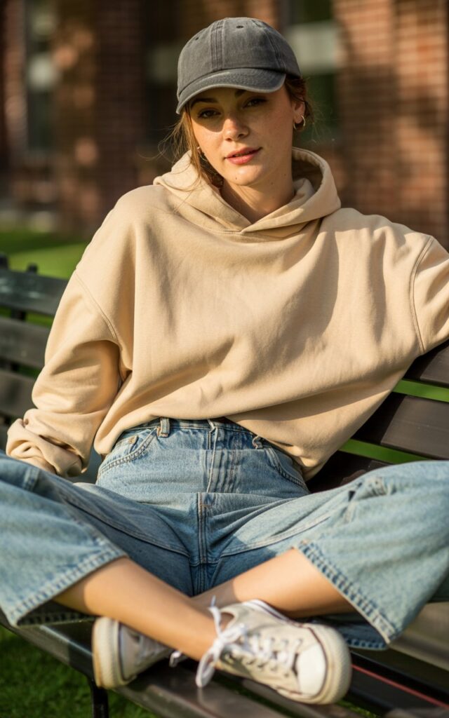 A natural-looking young woman wearing a casual outfit finished with a baseball cap and classic sneakers. Theme chill outfits