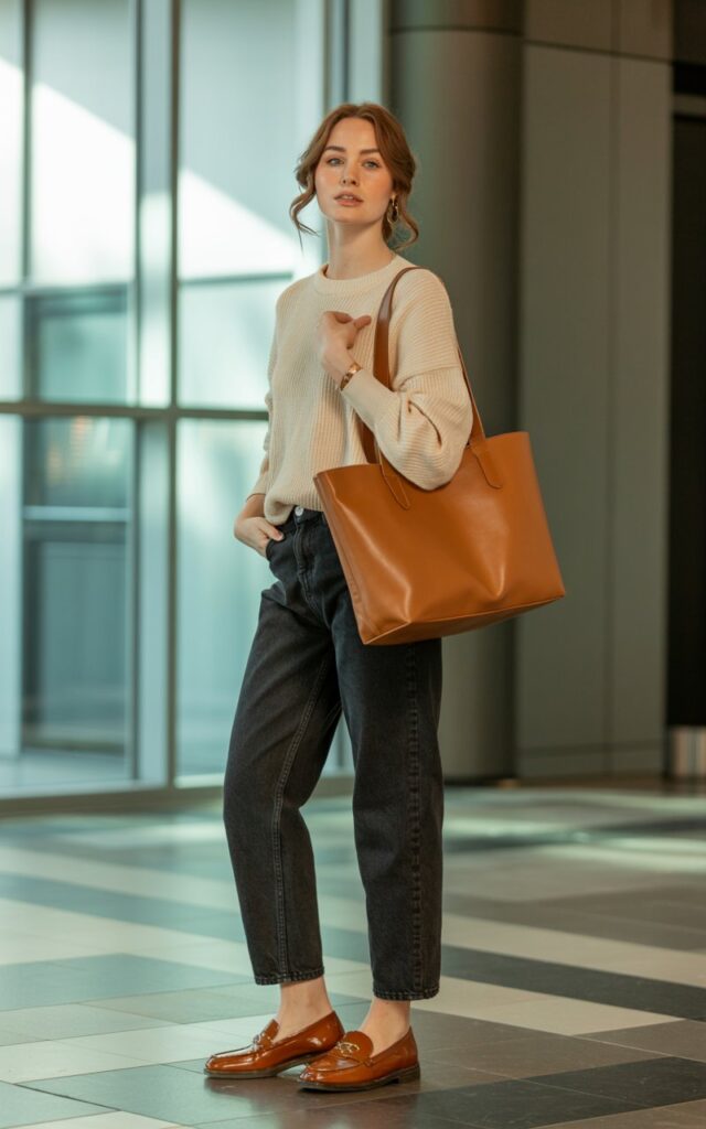 A natural-looking young woman wearing a casual outfit pulled together with loafers or ballet flats. Theme casual work outfits
