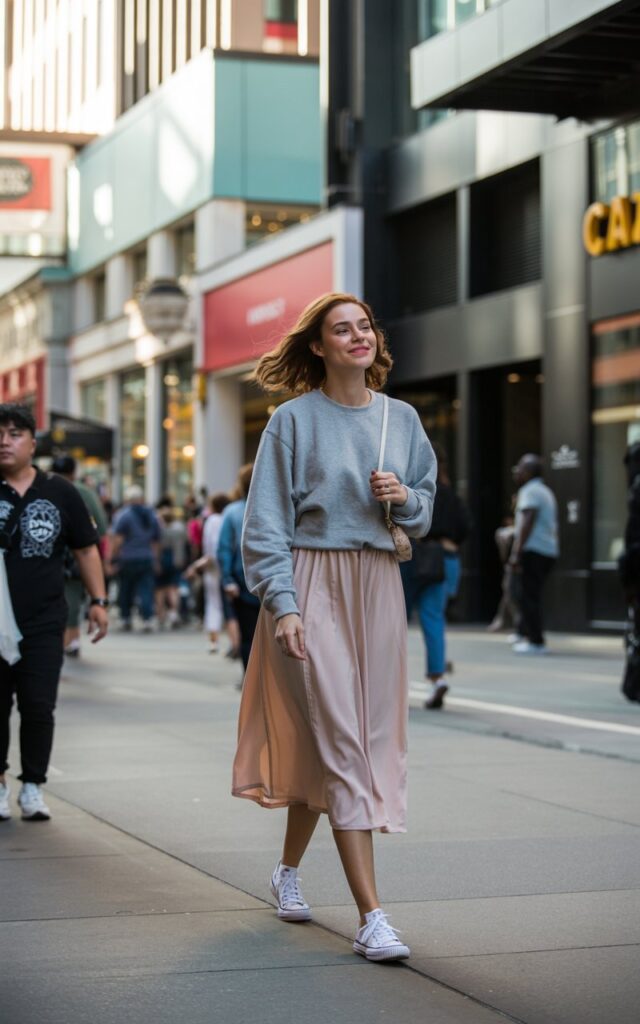 A natural-looking young woman wearing a casual sweatshirt paired with a feminine skirt and comfortable shoes. Theme downtown outfits