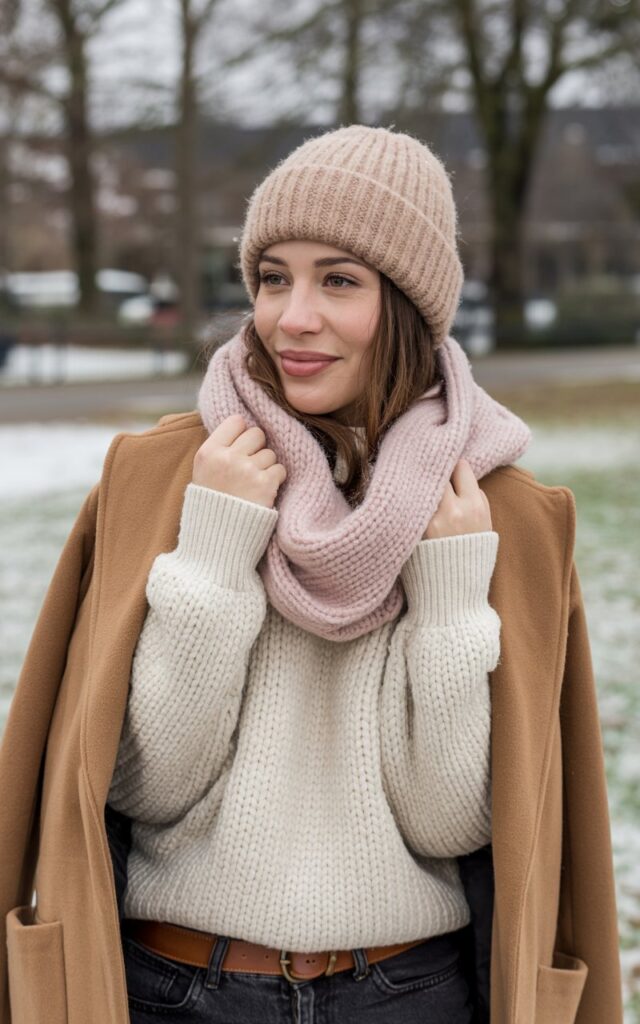 A natural-looking young woman wearing a casual winter outfit finished with a beanie, scarf, and comfy outerwear. Theme cute casual winter outfits