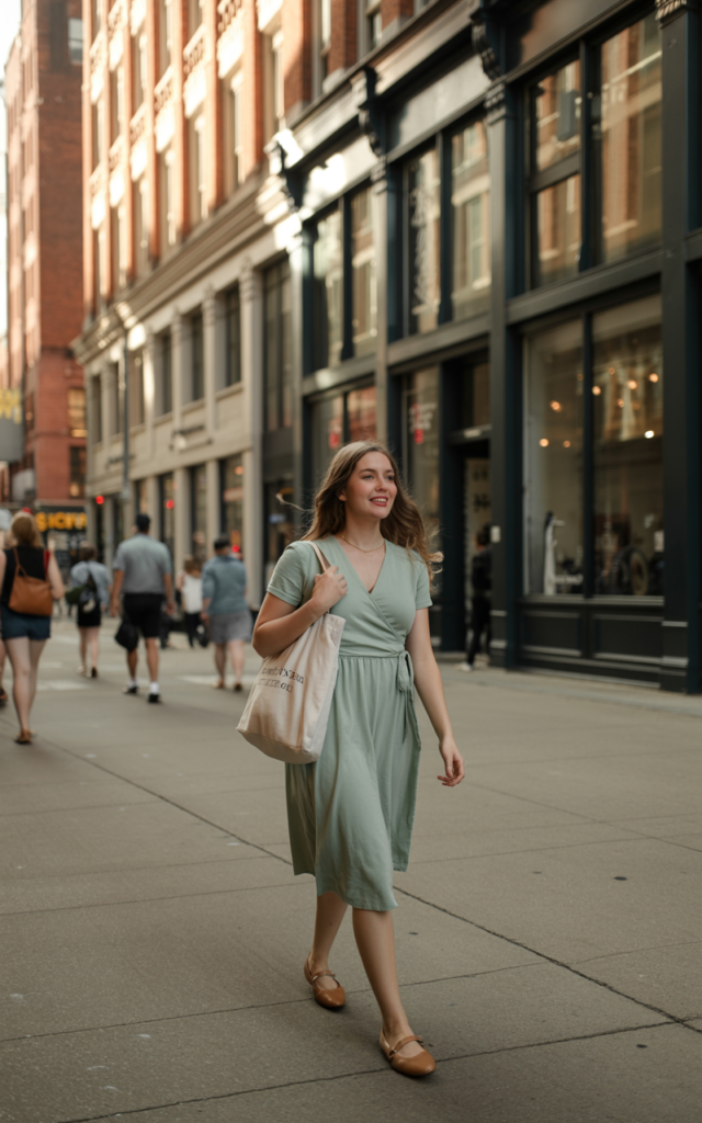 A natural-looking young woman wearing a casual wrap dress paired with flat shoes and a relaxed downtown vibe. Theme downtown outfits