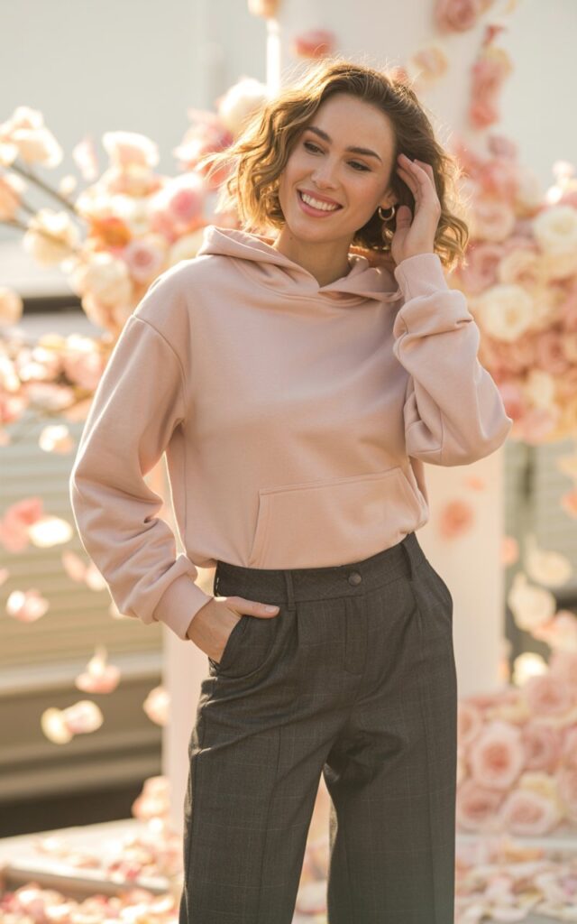 A natural-looking young woman wearing a chic hoodie styled with tailored trousers. Theme valentines day outfits
