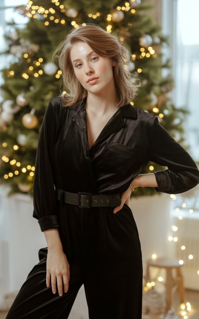 A natural-looking young woman wearing a chic jumpsuit with a defined waist. Theme christmas party outfits