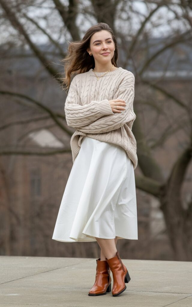 A natural-looking young woman wearing a chunky knit sweater paired with a white midi skirt and ankle boots. Theme white skirt outfit winter