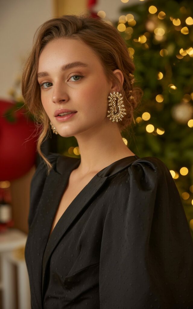 A natural-looking young woman wearing a classic little black dress with statement earrings. Theme christmas party outfits