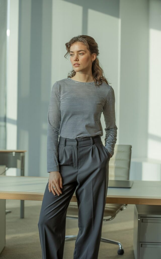 A natural-looking young woman wearing a classic striped top paired with tailored trousers. Theme casual work outfits