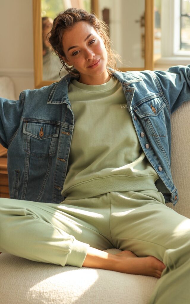 A natural-looking young woman wearing a comfortable lounge set styled with a classic denim jacket. Theme chill outfits