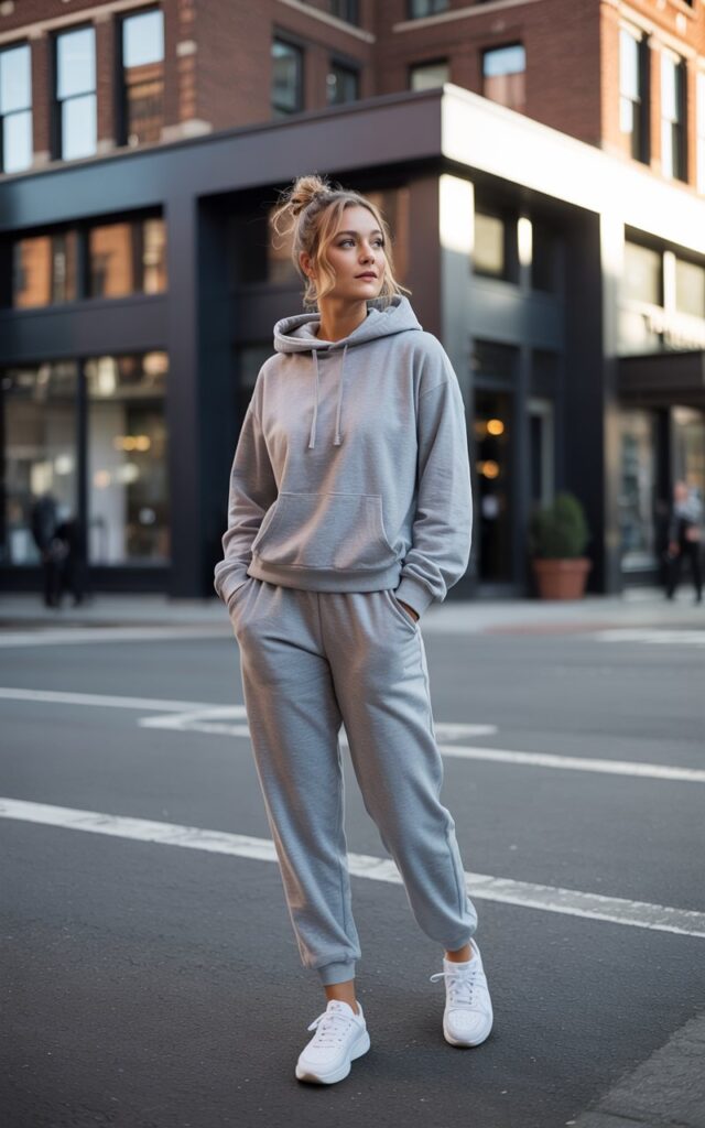 A natural-looking young woman wearing a cozy matching lounge set styled with clean sneakers. Theme downtown outfits