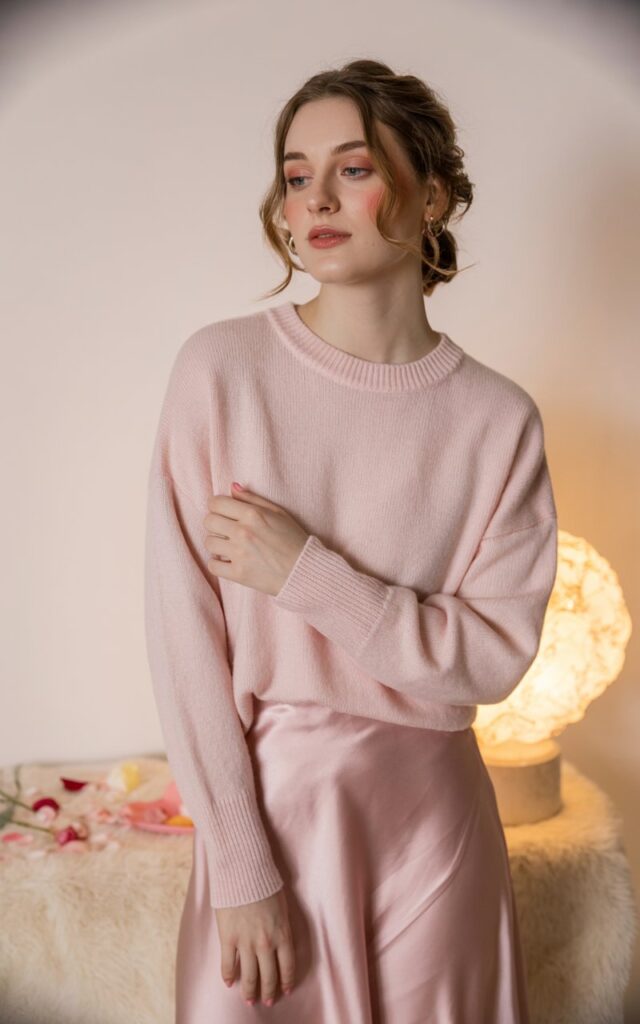 A natural-looking young woman wearing a cozy sweater paired with a satin slip skirt. Theme valentines day outfits