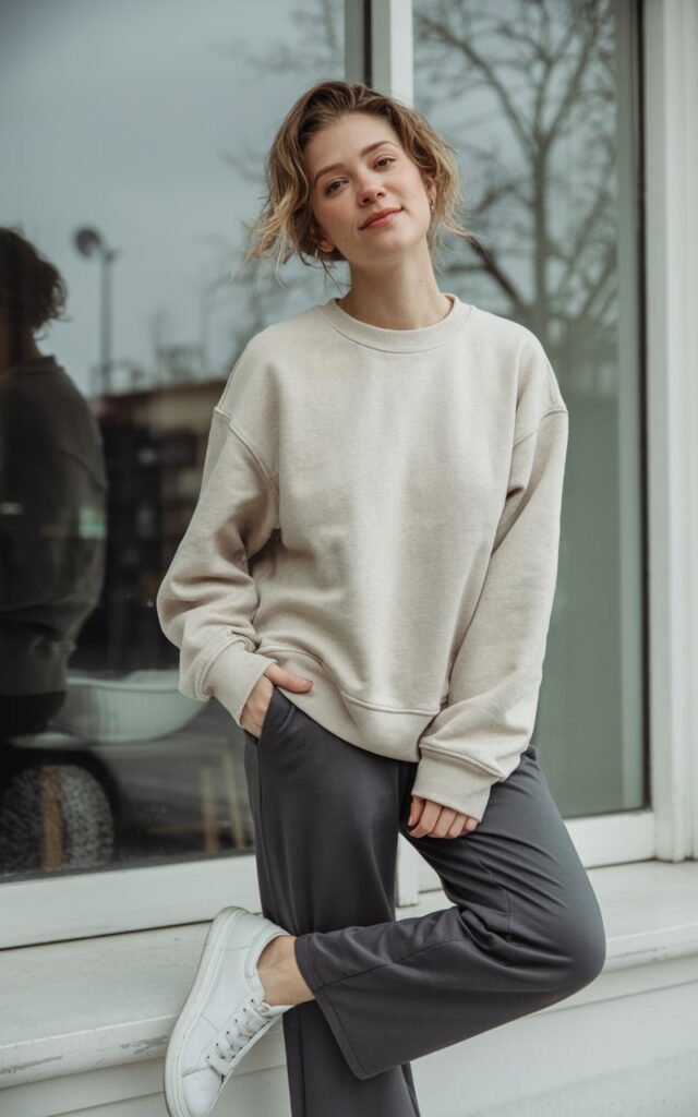 A natural-looking young woman wearing a crewneck sweatshirt styled with wide-leg pants and sneakers. Theme cute casual winter outfits