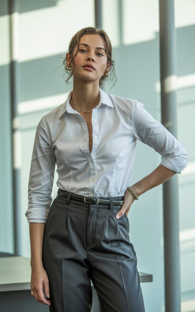 A natural-looking young woman wearing a crisp button-down shirt tucked into high-waisted slacks. Theme semi formal outfits for women