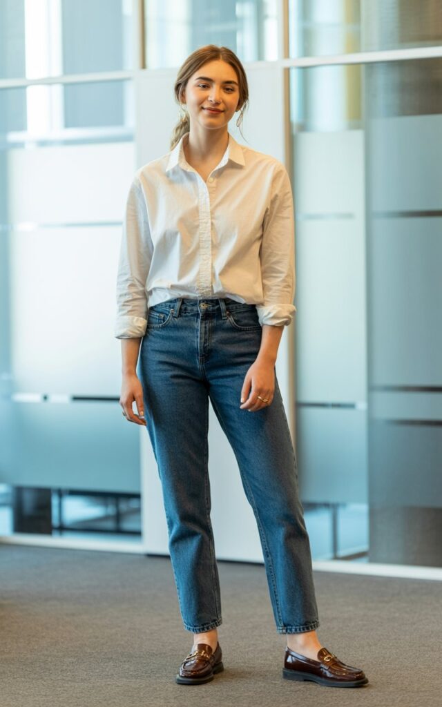 A natural-looking young woman wearing a crisp white button-down shirt paired with straight-leg jeans and loafers. Theme casual work outfits