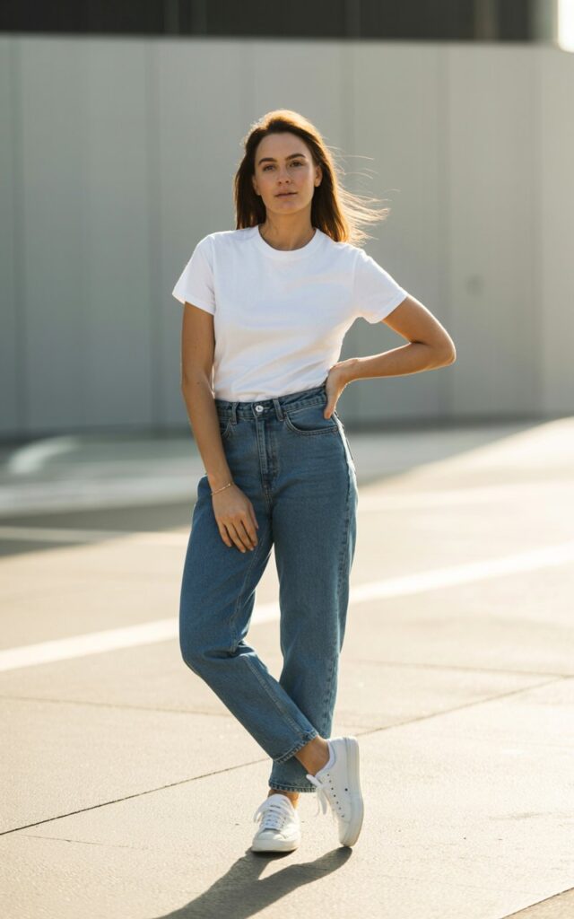 A natural-looking young woman wearing a crisp white tee paired with high-waisted straight-leg jeans and simple sneakers. Theme stylish outfits