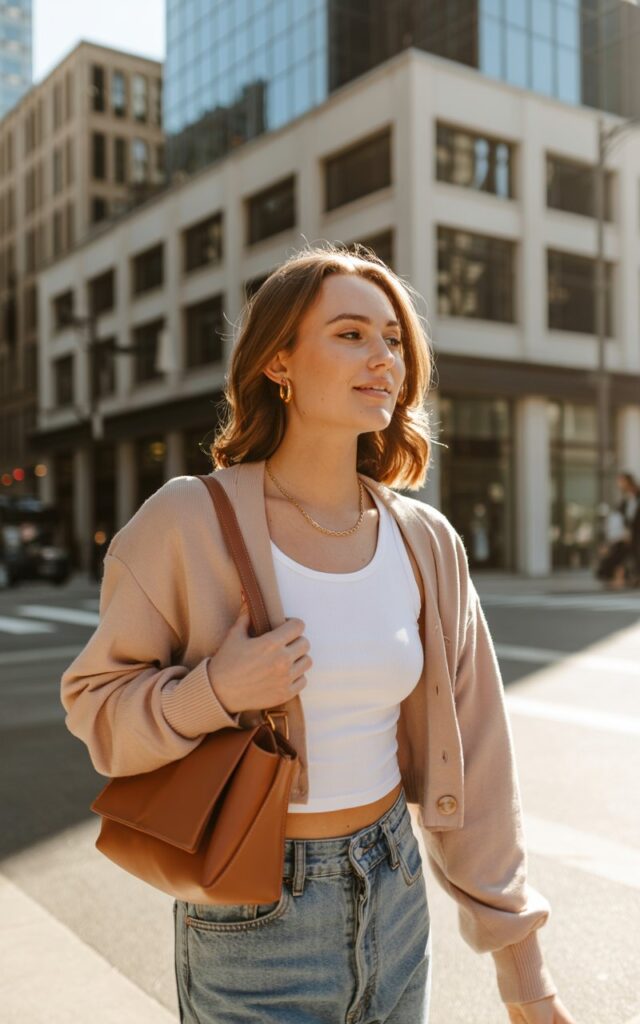 A natural-looking young woman wearing a cropped cardigan styled with high-waisted denim jeans and minimalist accessories. Theme downtown outfits