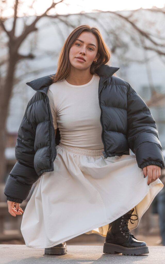 A natural-looking young woman wearing a cropped puffer jacket over a thermal top paired with a white skirt and chunky boots. Theme white skirt outfit winter