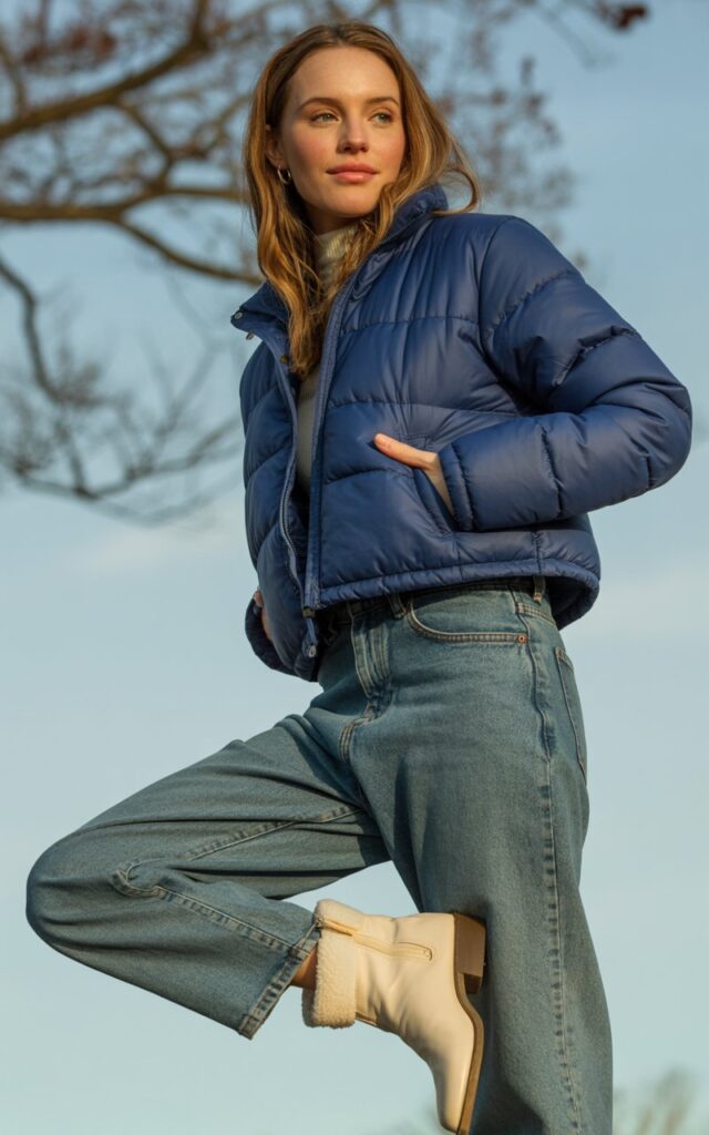 A natural-looking young woman wearing a cropped puffer jacket with high-waisted jeans and casual winter shoes. Theme winter outfits aesthetic