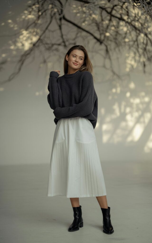 A natural-looking young woman wearing a dark knit sweater paired with a crisp white skirt and black boots. Theme white skirt outfit winter