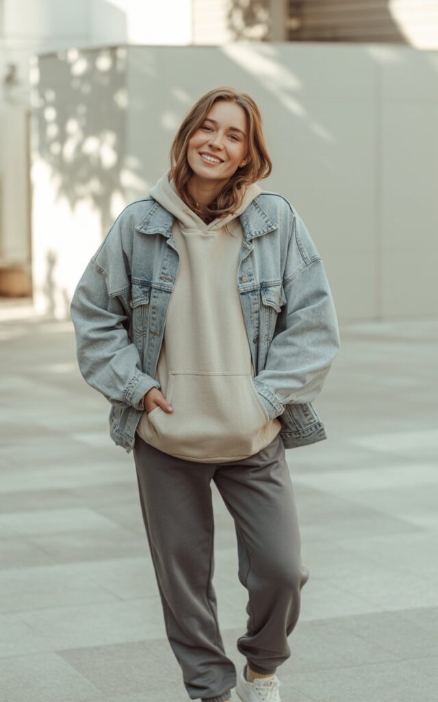 A natural-looking young woman wearing a denim jacket layered over a hoodie with joggers. Theme cute casual winter outfits