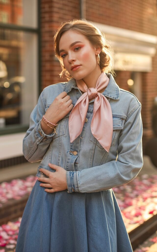 A natural-looking young woman wearing a denim-on-denim outfit with a chic Valentine-inspired twist. Theme valentines day outfits